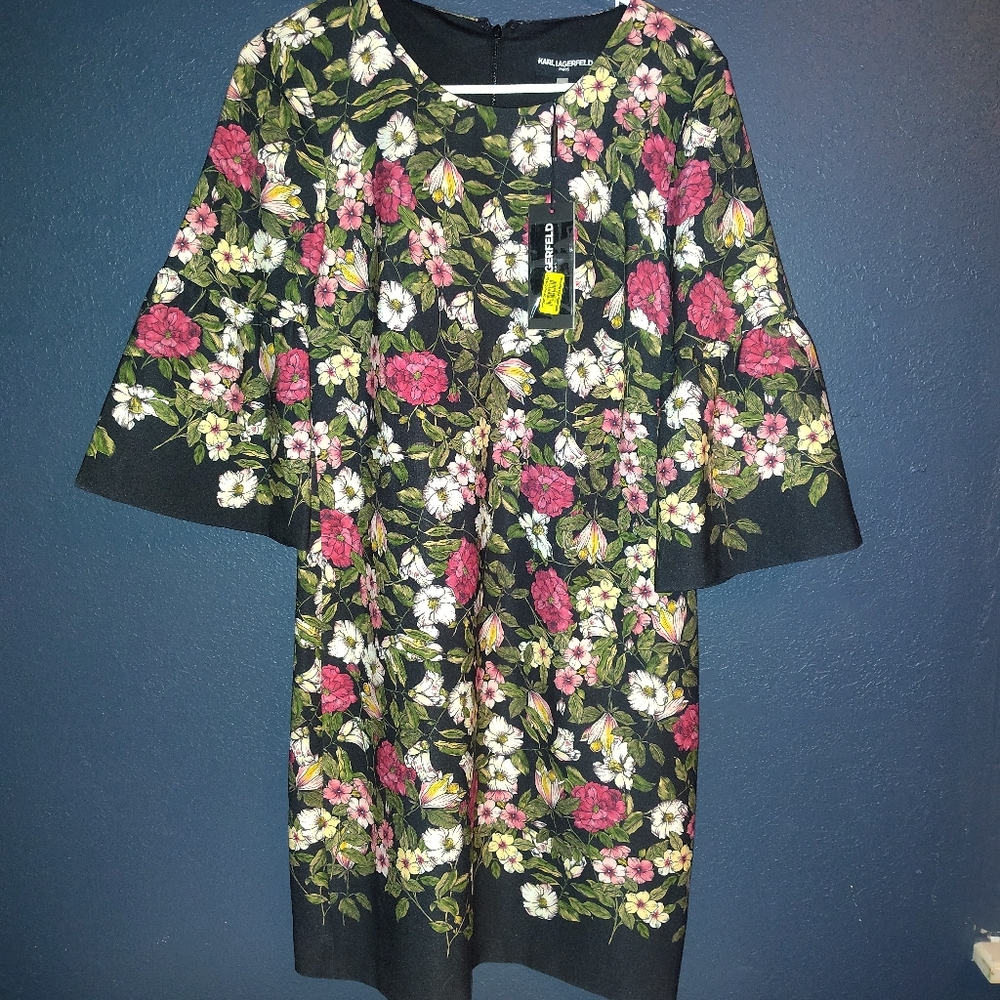 Karl Lagerfeld Colorful Whimsical Artistic Classic Black Floral Dress